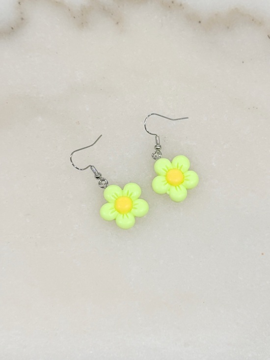 Handmade Jewelry - Neon Yellow Green Flower Dangle Earrings